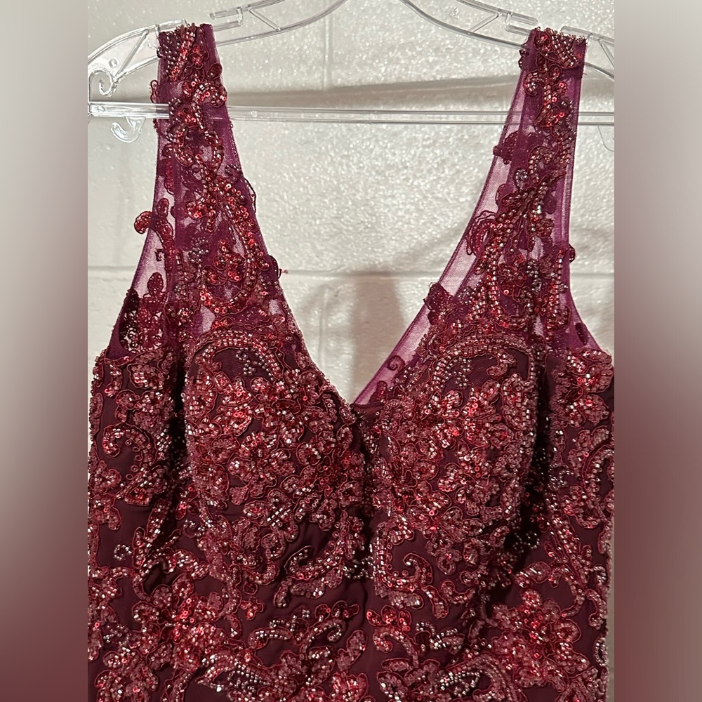 Burgundy Prom Dress with Beaded Top, Medium - Picture 3 of 6